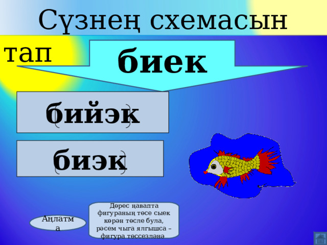  Сүзнең схемасын тап биек бийэк  биэк  Дөрес ңавапта фигураның төсе сыек көрән төсле була, рәсем чыга ялгышса –фигура төссезләнә Аңлатма 