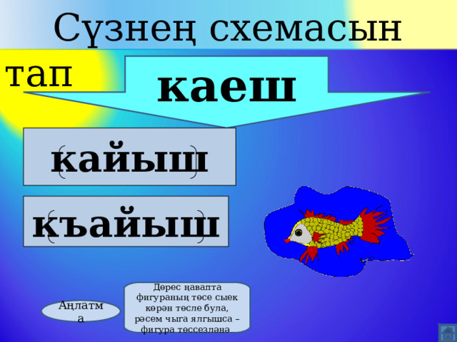  Сүзнең схемасын тап каеш кайыш  к ъ айыш  Дөрес ңавапта фигураның төсе сыек көрән төсле була, рәсем чыга ялгышса –фигура төссезләнә Аңлатма 