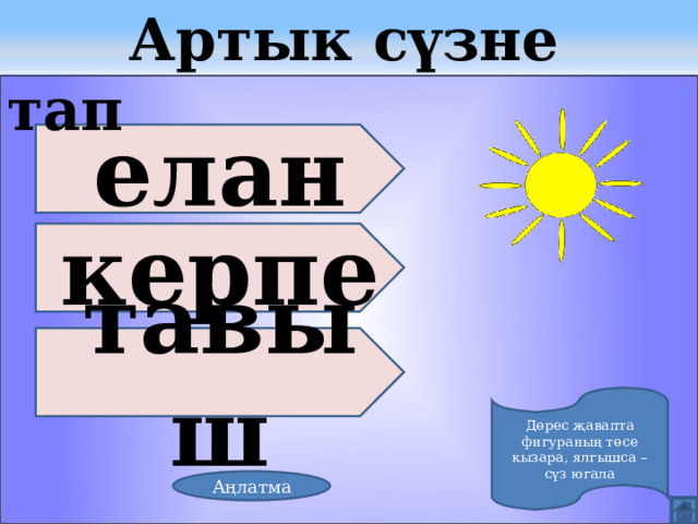  Артык сүзне тап елан керпе тавыш Дөрес җавапта фигураның төсе кызара, ялгышса – сүз югала Аңлатма 