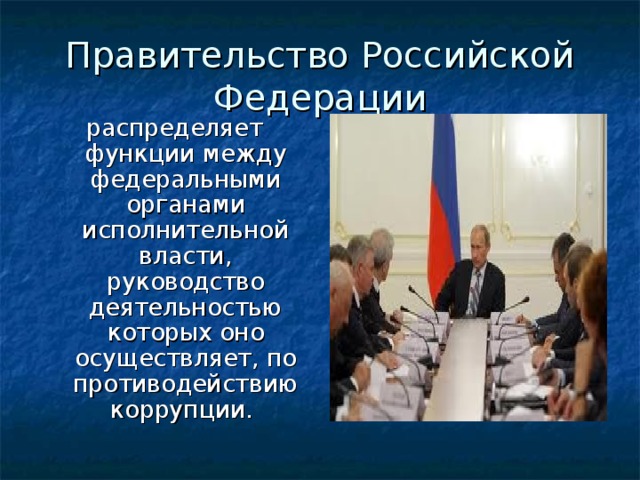 Правительство Российской Федерации распределяет функции между федеральными органами исполнительной власти, руководство деятельностью которых оно осуществляет, по противодействию коррупции. 
