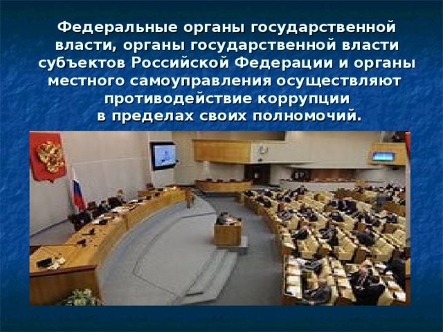 Федеральные органы государственной власти, органы государственной власти субъектов Российской Федерации и органы местного самоуправления осуществляют  противодействие коррупции  в пределах своих полномочий. 