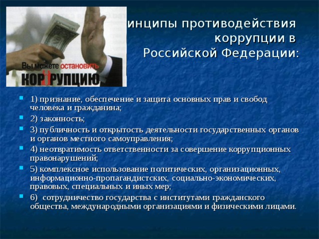 Принципы противодействия  коррупции в  Российской Федерации:   1) признание, обеспечение и защита основных прав и свобод человека и гражданина; 2) законность; 3) публичность и открытость деятельности государственных органов и органов местного самоуправления; 4) неотвратимость ответственности за совершение коррупционных правонарушений; 5) комплексное использование политических, организационных, информационно-пропагандистских, социально-экономических, правовых, специальных и иных мер; 6) сотрудничество государства с институтами гражданского общества, международными организациями и физическими лицами. 