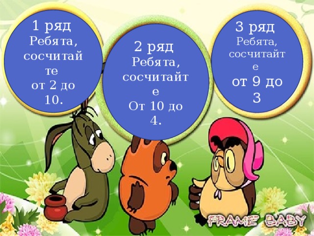 1 ряд Ребята, сосчитайте от 2 до 10. 3 ряд Ребята, сосчитайте от 9 до 3 2 ряд Ребята, сосчитайте От 10 до 4. 