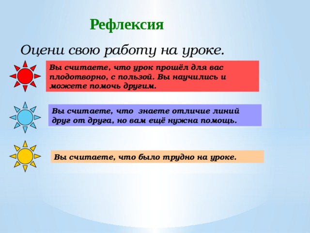 Рефлексия Оцени свою работу на уроке. Вы считаете, что урок прошёл для вас плодотворно, с пользой. Вы научились и можете помочь другим. Вы считаете, что знаете отличие линий друг от друга, но вам ещё нужна помощь. Вы считаете, что было трудно на уроке. 