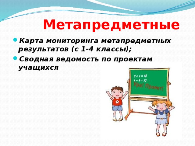 Метапредметные  Карта мониторинга метапредметных результатов (с 1-4 классы); Сводная ведомость по проектам учащихся 
