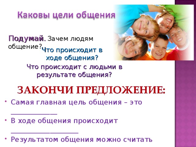 Подумай.  Зачем людям общение? Что происходит в ходе общения? Что происходит с людьми в результате общения? Самая главная цель общения – это _____________ В ходе общения происходит ___________________ Результатом общения можно считать ___________ 