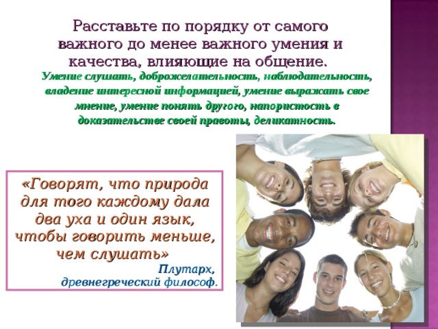 Расставьте по порядку от самого важного до менее важного умения и качества, влияющие на общение. Умение слушать, доброжелательность, наблюдательность, владение интересной информацией, умение выражать свое мнение, умение понять другого, напористость в доказательстве своей правоты, деликатность. «Говорят, что природа для того каждому дала два уха и один язык, чтобы говорить меньше, чем слушать» Плутарх, древнегреческий философ. 