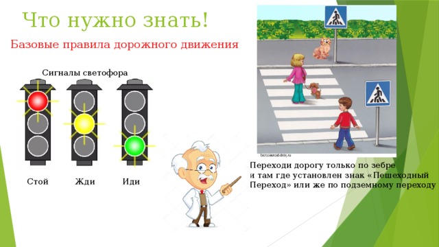 Что нужно знать! Базовые правила дорожного движения Сигналы светофора Переходи дорогу только по зебре и там где установлен знак «Пешеходный Переход» или же по подземному переходу . Стой Жди Иди 