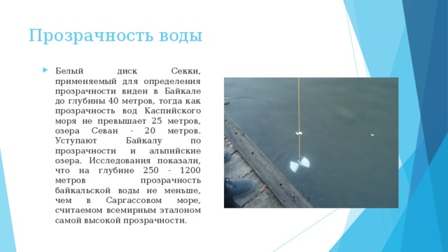 Прозрачность воды Белый диск Секки, применяемый для определения прозрачности виден в Байкале до глубины 40 метров, тогда как прозрачность вод Каспийского моря не превышает 25 метров, озера Севан - 20 метров. Уступают Байкалу по прозрачности и альпийские озера. Исследования показали, что на глубине 250 - 1200 метров прозрачность байкальской воды не меньше, чем в Саргассовом море, считаемом всемирным эталоном самой высокой прозрачности. 