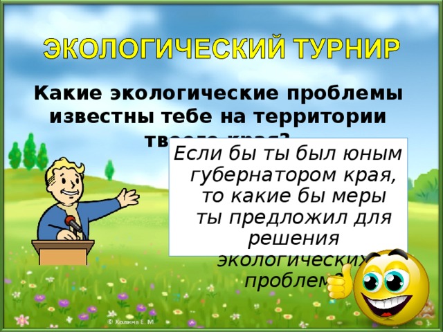 Какие экологические проблемы известны тебе на территории твоего края? Если бы ты был юным губернатором края, то какие бы меры ты предложил для решения экологических проблем? 