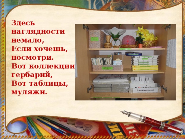 Здесь наглядности немало, Если хочешь, посмотри. Вот коллекции, гербарий, Вот таблицы, муляжи. 