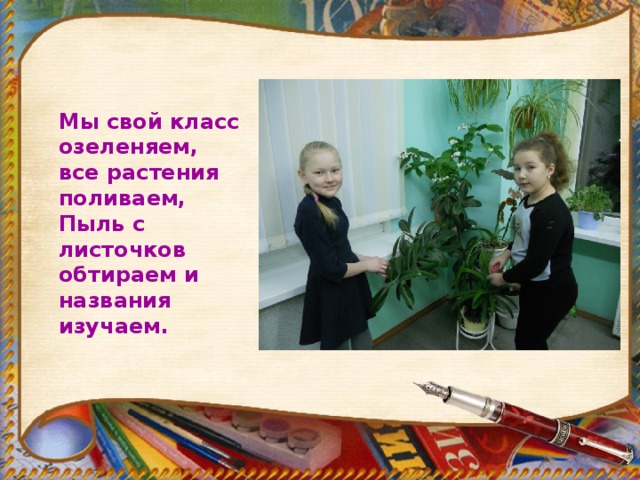 Мы свой класс озеленяем, все растения поливаем,  Пыль с листочков обтираем и названия изучаем.  