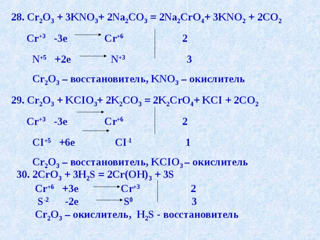 28. Cr 2 O 3 + 3KNO 3 + 2Na 2 CO 3 = 2Na 2 CrO 4 + 3KNO 2 + 2CO 2  Cr +3 -3e Cr +6 2  N +5 +2e N +3 3  Cr 2 O 3 – восстановитель, KNO 3 – окислитель 29. Cr 2 O 3 + KCIO 3 + 2K 2 CO 3 = 2K 2 CrO 4 + KCI + 2CO 2  Cr +3 -3e Cr +6 2  СI +5 +6e CI -1 1  Cr 2 O 3 – восстановитель, KCIO 3 – окислитель 30. 2CrO 3 + 3H 2 S = 2Cr(OH) 3 + 3S  Cr +6 +3e Cr +3 2  S -2 -2e S 0 3  Cr 2 O 3 – окислитель, H 2 S - восстановитель 