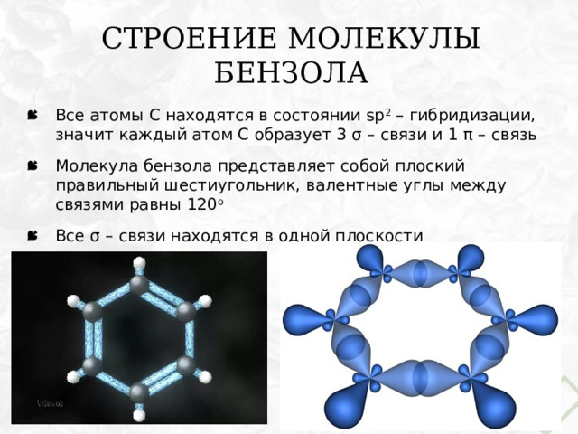 Строение молекулы бензола Все атомы С находятся в состоянии sp 2 – гибридизации, значит каждый атом С образует 3 σ – связи и 1 π – связь Молекула бензола представляет собой плоский правильный шестиугольник, валентные углы между связями равны 120 о Все σ – связи находятся в одной плоскости 