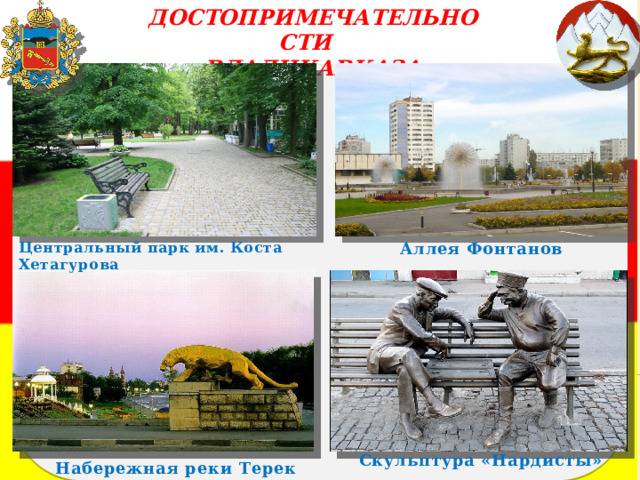 ДОСТОПРИМЕЧАТЕЛЬНОСТИ ВЛАДИКАВКАЗА Центральный парк им. Коста Хетагурова Аллея Фонтанов Скульптура «Нардисты» Набережная реки Терек 