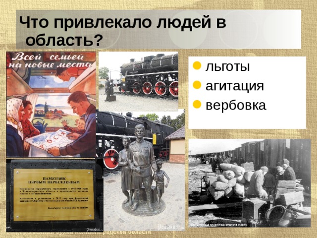 Что привлекало людей в область? льготы агитация вербовка 