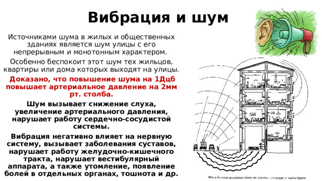 Вибрация и шум Источниками шума в жилых и общественных зданиях является шум улицы с его непрерывным и монотонным характером. Особенно беспокоит этот шум тех жильцов, квартиры или дома которых выходят на улицы.  Доказано, что повышение шума на 1Дцб повышает артериальное давление на 2мм рт. столба. Шум вызывает снижение слуха, увеличение артериального давления, нарушает работу сердечно-сосудистой системы. Вибрация негативно влияет на нервную систему, вызывает заболевания суставов, нарушает работу желудочно-кишечного тракта, нарушает вестибулярный аппарата, а также утомление, появление болей в отдельных органах, тошнота и др. 