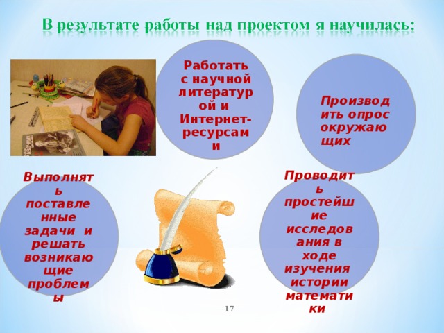 Работать с научной литературой и Интернет-ресурсами Производить опрос окружающих Выполнять поставленные задачи и решать возникающие проблемы Проводить простейшие исследования в ходе изучения истории математики  17 