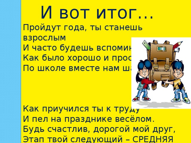 И вот итог… Пройдут года, ты станешь взрослым И часто будешь вспоминать, Как было хорошо и просто По школе вместе нам шагать Как приучился ты к труду И пел на празднике весёлом. Будь счастлив, дорогой мой друг, Этап твой следующий – СРЕДНЯЯ школа. 
