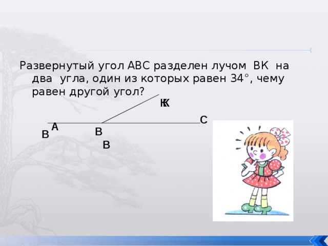 1. прямой угол….. 90 ° 2. острый угол…90 ° 3. тупой угол…90 ° 4. развернутый угол…180 ° 