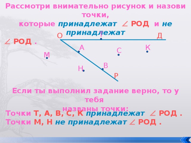 Рассмотри внимательно рисунок и назови точки, которые принадлежат    РОД и  не принадлежат    РОД .  Т Д О К А С М В Н Р Если ты выполнил задание верно, то у тебя названы точки: Точки  Т, А, В, С, К  принадлежат   РОД . Точки М, Н не принадлежат   РОД . 