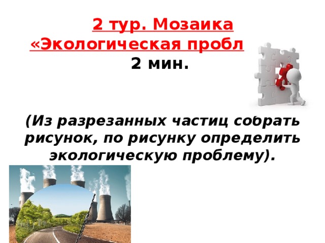 2 тур. Мозаика «Экологическая проблема».  2 мин.     (Из разрезанных частиц собрать рисунок, по рисунку определить экологическую проблему). 