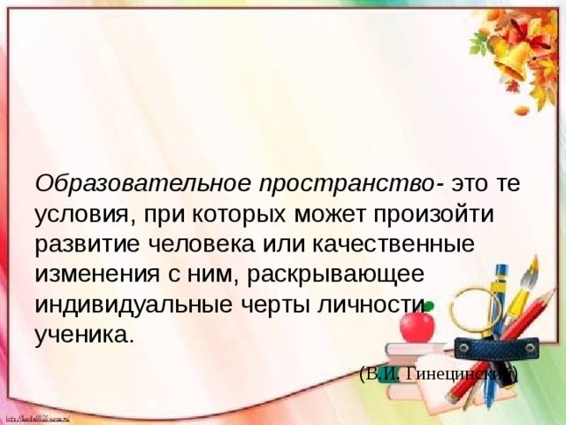 Образовательное пространство- это те условия, при которых может произойти развитие человека или качественные изменения с ним, раскрывающее индивидуальные черты личности ученика.   ( В.И. Гинецинский )  