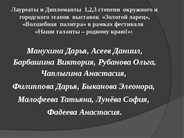 Лауреаты и Дипломанты 1,2,3 степени окружного и городского этапов выставок «Золотой ларец», «Волшебная палитра» в рамках фестиваля  «Наши таланты – родному краю!»: Манухина Дарья, Асеев Даниил, Барбашина Виктория, Рубанова Ольга, Чаплыгина Анастасия, Филиппова Дарья, Быканова Элеонора, Малофеева Татьяна, Лунёва София, Фадеева Анастасия. 