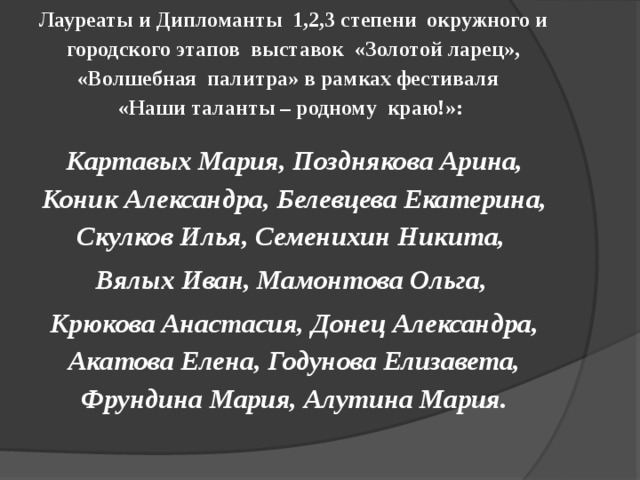 Лауреаты и Дипломанты 1,2,3 степени окружного и городского этапов выставок «Золотой ларец», «Волшебная палитра» в рамках фестиваля  «Наши таланты – родному краю!»: Картавых Мария, Позднякова Арина, Коник Александра, Белевцева Екатерина, Скулков Илья, Семенихин Никита, Вялых Иван, Мамонтова Ольга, Крюкова Анастасия, Донец Александра, Акатова Елена, Годунова Елизавета, Фрундина Мария, Алутина Мария. 