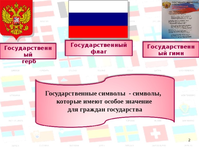 Государственный флаг Государственный гимн Государственный  герб Государственные символы - символы, которые имеют особое значение для граждан государства  