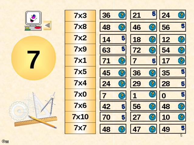 36 24 21 7х3 7х8 7х2 7х9 7х1 7х5 7х4 7х0 7х6 7х10 7х7 48 56 46 12 14 18 7 72 54 63 17 7 71 35 36 45 24 29 28 0 1 7 48 42 56 27 70 10 49 47 48  м 