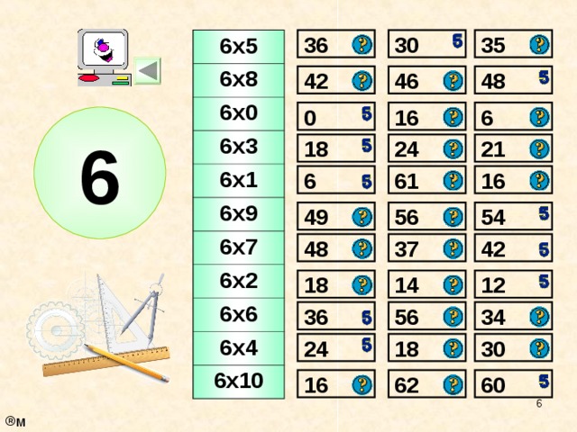 36 35 30 6х5 6х8 6х0 6х3 6х1 6х9 6х7 6х2 6х6 6х4 6х10 48 46 42 0 16 6 6 18 24 21 16 6 61 54 56 49 48 37 42 12 14 18 34 36 56 18 24 30 60 62 16  м 