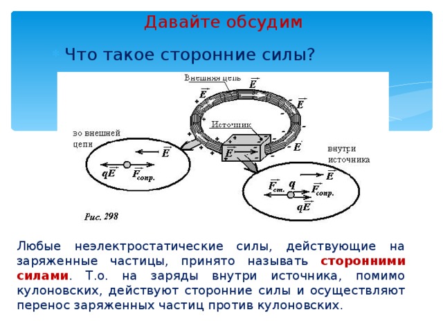Давайте обсудим Что такое сторонние силы?  Любые неэлектростатические силы, действующие на заряженные частицы, принято называть сторонними силами . Т.о. на заряды внутри источника, помимо кулоновских, действуют сторонние силы и осуществляют перенос заряженных частиц против кулоновских. 