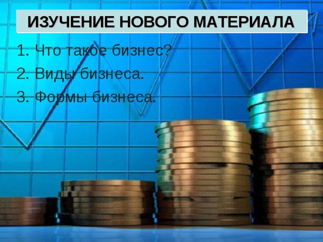 ИЗУЧЕНИЕ НОВОГО МАТЕРИАЛА 1. Что такое бизнес? 2. Виды бизнеса. 3. Формы бизнеса.  