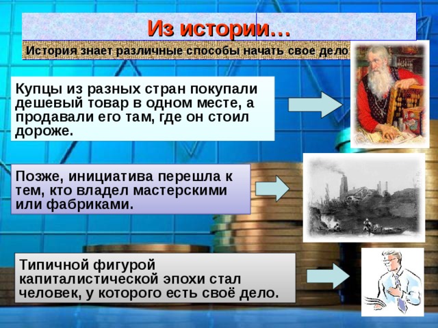 Из истории… История знает различные способы начать свое дело Купцы из разных стран покупали дешевый товар в одном месте, а продавали его там, где он стоил дороже. Позже, инициатива перешла к тем, кто владел мастерскими или фабриками. Типичной фигурой капиталистической эпохи стал человек, у которого есть своё дело. 