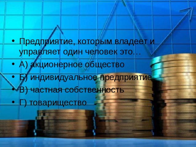 Предприятие, которым владеет и управляет один человек это… А) акционерное общество Б) индивидуальное предприятие В) частная собственность Г) товарищество  