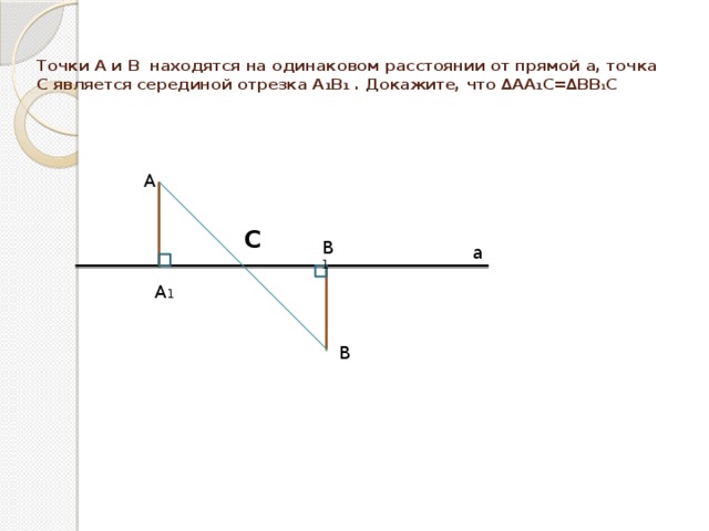    Точки А и В находятся на одинаковом расстоянии от прямой а, точка С является серединой отрезка А 1 В 1 . Докажите, что ∆АА 1 С=∆ВВ 1 С    А С В 1 а А 1 В 