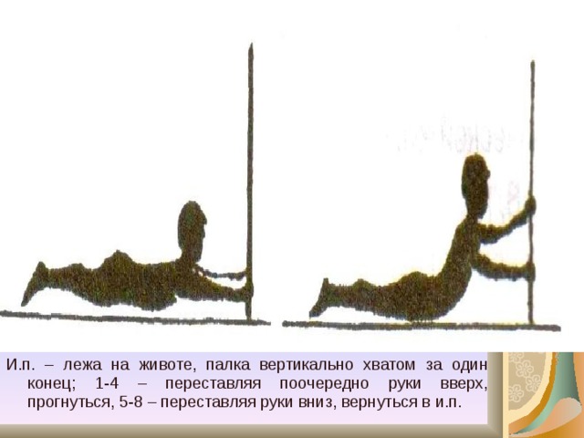 И.п. – лежа на животе, палка вертикально хватом за один конец; 1-4 – переставляя поочередно руки вверх, прогнуться, 5-8 – переставляя руки вниз, вернуться в и.п. 