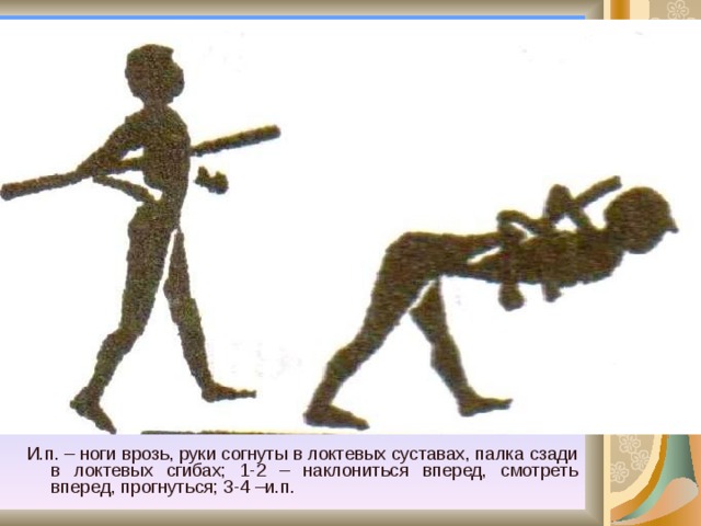 И.п. – ноги врозь, руки согнуты в локтевых суставах, палка сзади в локтевых сгибах; 1-2 – наклониться вперед, смотреть вперед, прогнуться; 3-4 –и.п. 
