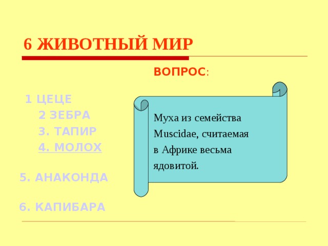 6  ЖИВОТНЫЙ МИР ВОПРОС : Муха из семейства Muscidae, считаемая в Африке весьма ядовитой.  1 ЦЕЦЕ  2 ЗЕБРА  3. ТАПИР  4. МОЛОХ   5. АНАКОНДА  6. КАПИБАРА Используются гиперссылки. Гиперссылки работают только при показе слайдов. При нажатии на правильный вариант открывается слайд с подробным ответом. Прочитать, нажать кнопкой мыши на предполагаемый ответ. При нажатии на правильный вариант вопроса открывается слайд с ответом.  