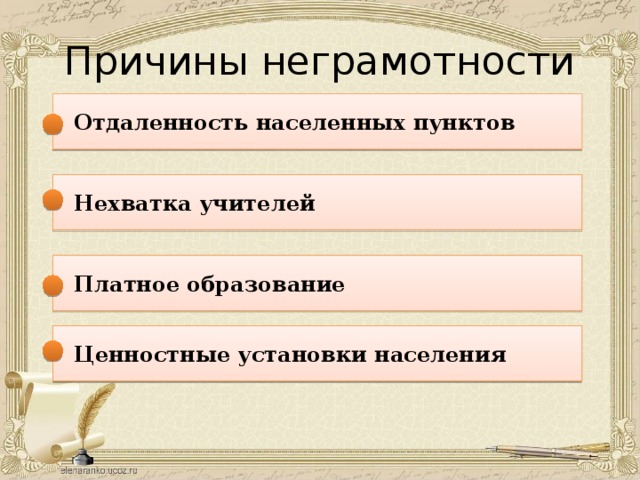 Причины неграмотности  Отдаленность населенных пунктов  Нехватка учителей  Платное образование  Ценностные установки населения 
