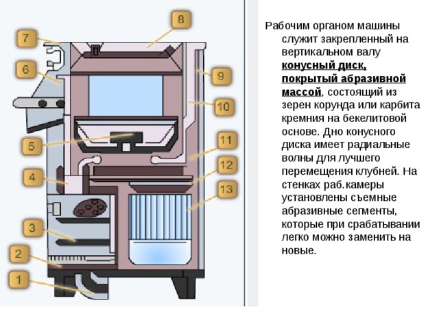 Рабочим органом машины служит закрепленный на вертикальном валу конусный диск, покрытый абразивной массой , состоящий из зерен корунда или карбита кремния на бекелитовой основе. Дно конусного диска имеет радиальные волны для лучшего перемещения клубней. На стенках раб.камеры установлены съемные абразивные сегменты, которые при срабатывании легко можно заменить на новые. 