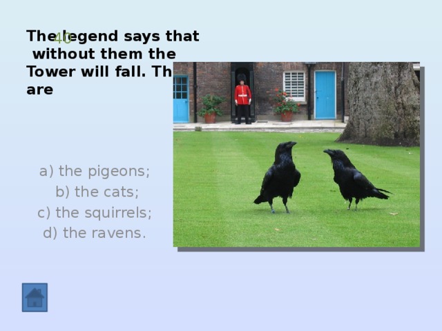 The legend says that  without them the  Tower will fall. They are 40 а) the pigeons;  b) the cats;  c) the squirrels; d) the ravens. 