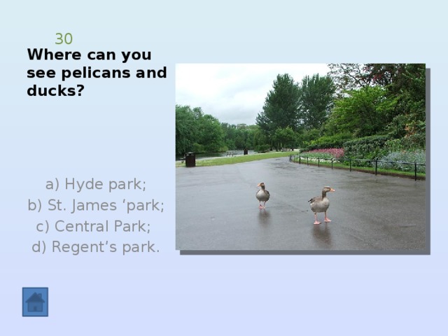 Where can you see pelicans and ducks? 30  a) Hyde park; b) St. James ‘park; c) Central Park; d) Regent’s park. 