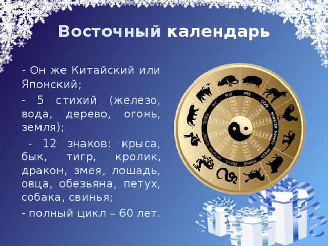 Восточный календарь   - О н же Китайский или Японский;  - 5 стихий (железо, вода, дерево, огонь, земля);   - 12 знаков: крыса, бык, тигр, кролик, дракон, змея, лошадь, овца, обезьяна, петух, собака, свинья;  - полный цикл – 60 лет. 