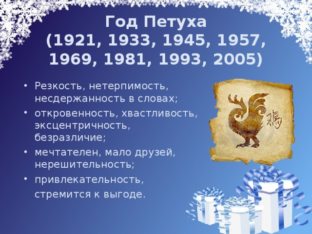 Год Петуха  (1921, 1933, 1945, 1957, 1969, 1981, 1993, 2005)   Резкость, нетерпимость, несдержанность в словах; откровенность, хвастливость, эксцентричность, безразличие; мечтателен, мало друзей, нерешительность; привлекательность,  стремится к выгоде. 