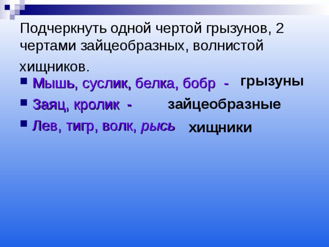 Подчеркнуть одной чертой грызунов, 2 чертами зайцеобразных, волнистой хищников.  грызуны Мышь, суслик, белка, бобр - Заяц, кролик - Лев, тигр, волк, рысь  зайцеобразные хищники 