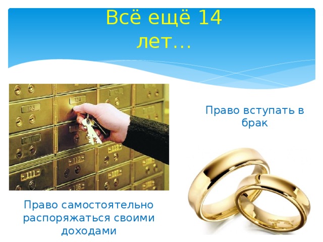 Всё ещё 14 лет… Право вступать в брак Право самостоятельно распоряжаться своими доходами 