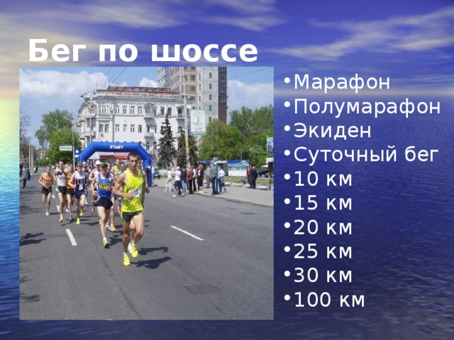 Бег по шоссе  Марафон Полумарафон Экиден Суточный бег 10 км 15 км 20 км 25 км 30 км 100 км 