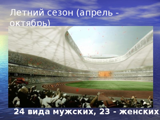 Летний сезон (апрель - октябрь) 24 вида мужских, 23 - женских 